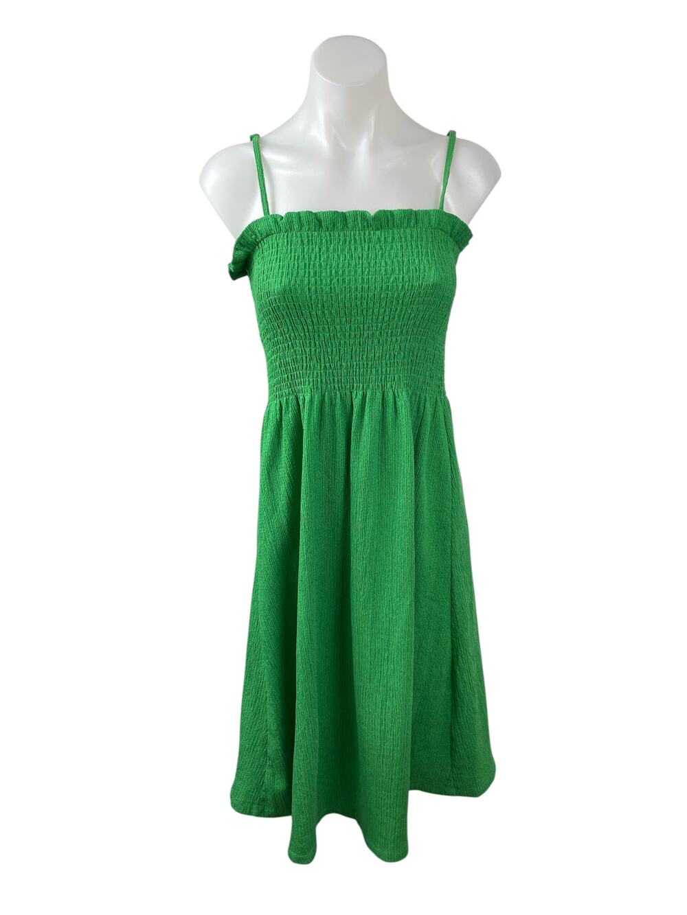 H&M Green Smocked Sleeveless Ruffle Crinkle Pleated Cami A Line Midi Dress Sz S